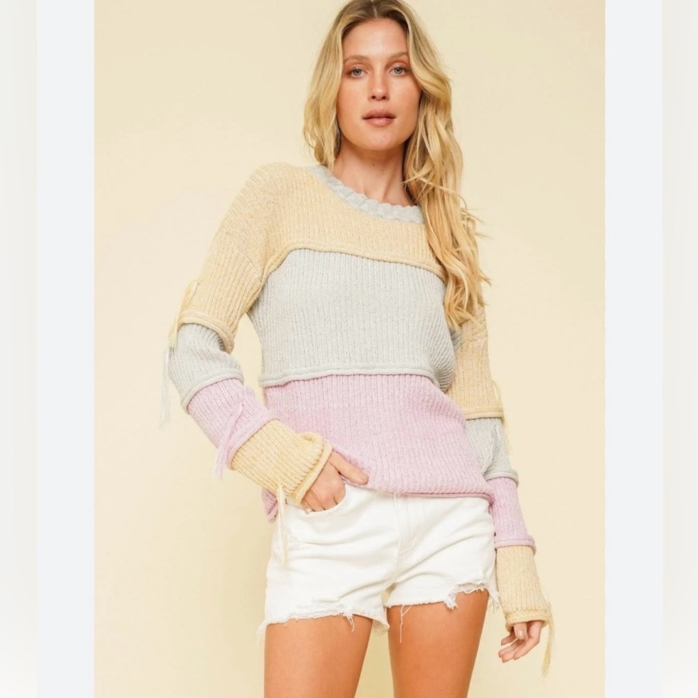 HEM & THREAD Boho/Beach Pastel Color Block SLV Tassel Drop Shoulder Sweater SZ L